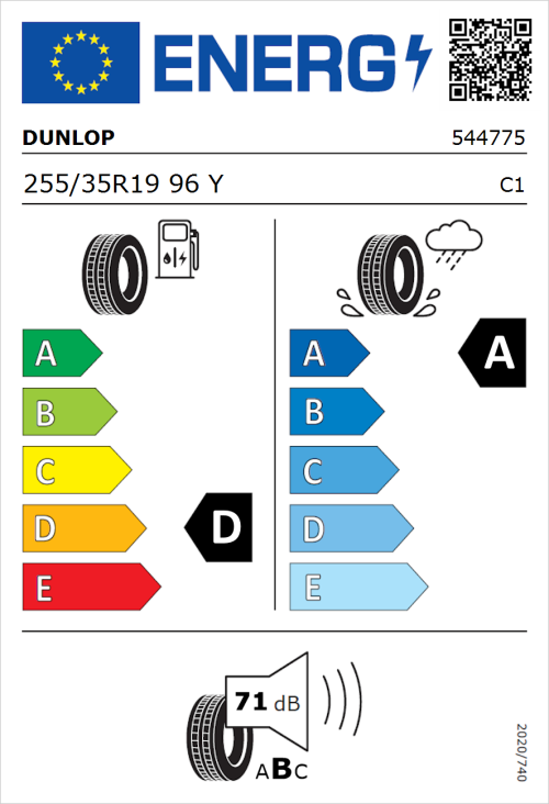 Tyre Label for Dunlop SP SportMaxx RT 255/35R19 96Y