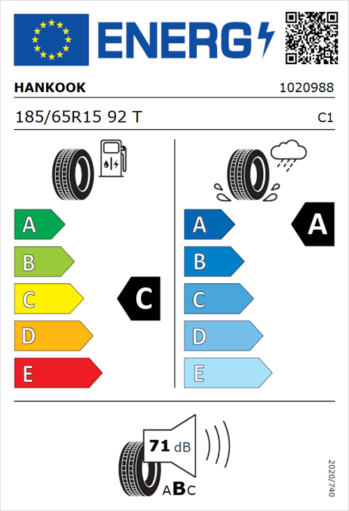 Tyre Label for Hankook Kinergy Eco 2 K435 185/65R15 92T