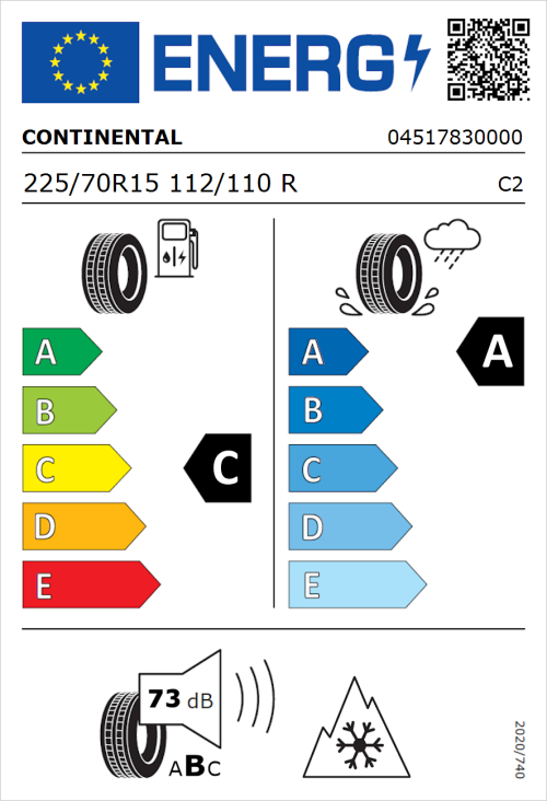 Tyre Label for Continental VanContact 4Season 225/70R15 112/110R