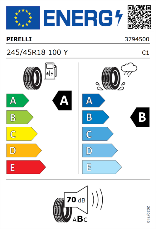 Tyre Label for Pirelli P Zero (PZ4) Sport Car 245/45R18 100Y
