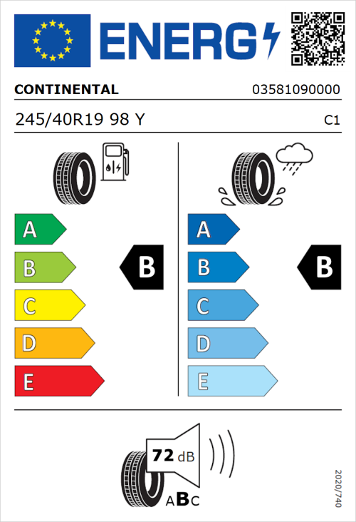 Tyre Label for Continental PremiumContact 6 SSR 245/40R19 98Y