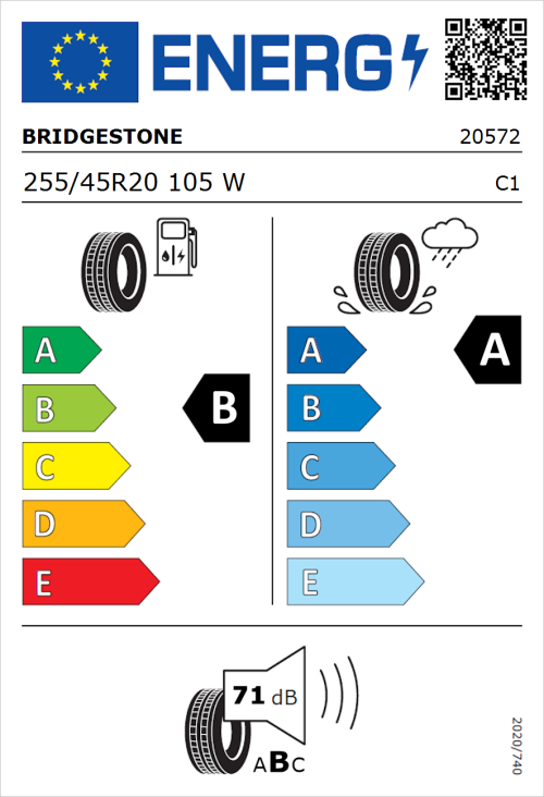 Tyre Label for Bridgestone Turanza 6 255/45R20 105W