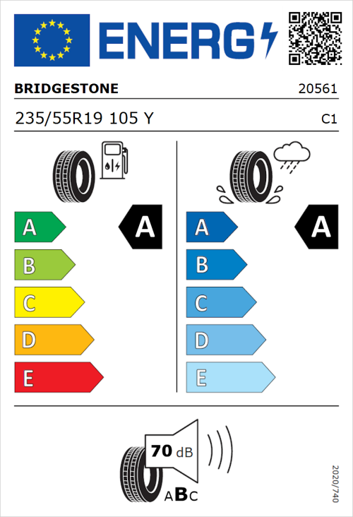 Tyre Label for Bridgestone Turanza 6 235/55R19 105Y