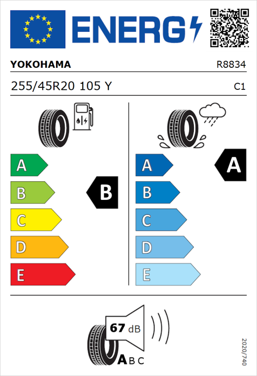 Tyre Label for Yokohama Advan Sport 255/45R20 105Y