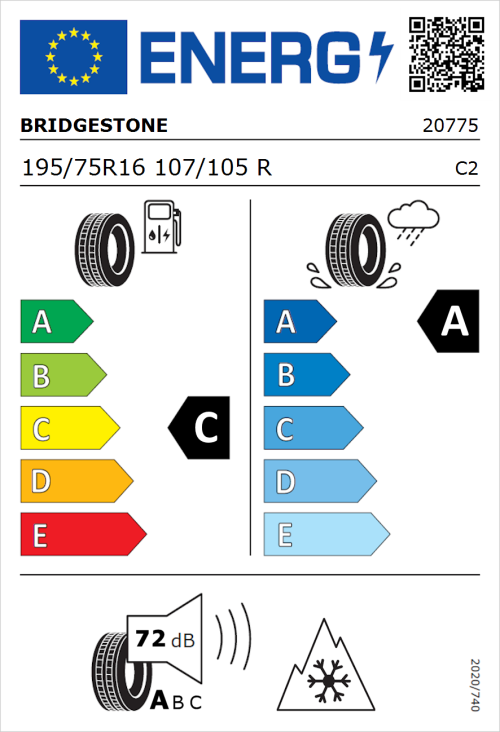 Tyre Label for Bridgestone Duravis All Season 195/75R16 107/105R