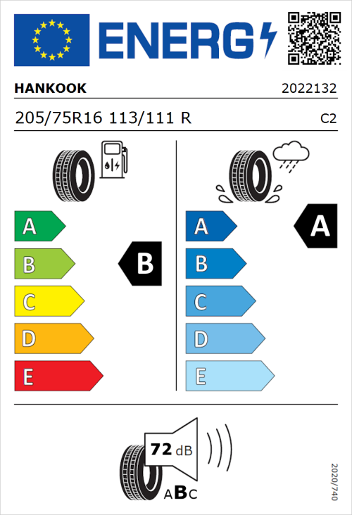 Tyre Label for Hankook Vantra Transit (RA58) 205/75R16 113/111R