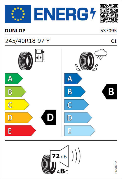 Tyre Label for Dunlop SP SportMaxx RT 245/40R18 97Y