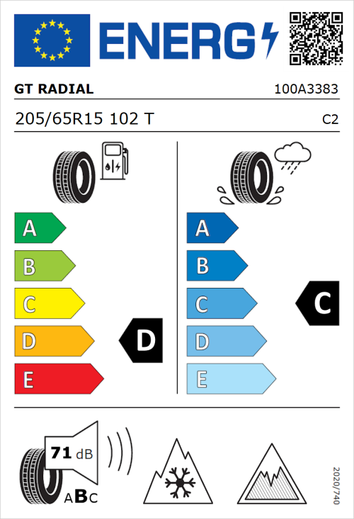 Tyre Label for GT Radial Maxmiler WT2 205/65R15 102T