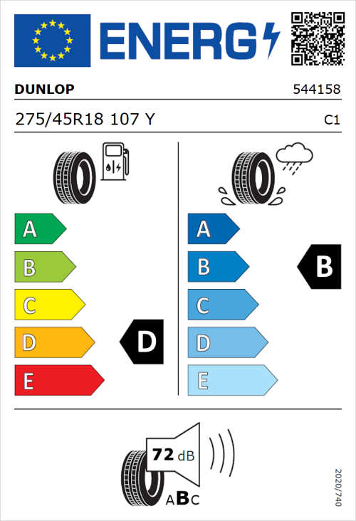 Tyre Label for Dunlop SP SPORTMAXX GT 275/45R18 107Y